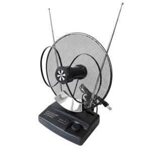 Antena de televisión para interiores BN8039 negra con dos antenas telescópicas, plato parabólico y mando regulador de potencia.