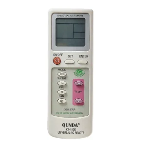 Mando a distancia blanco para aire acondicionado Qunda KT-100E con pantalla LCD y botones de colores para frío y calor.