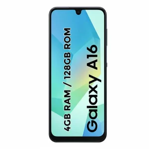 Smartphone Samsung Galaxy A16 negro mostrando su pantalla de 6.7 pulgadas y el sistema de triple cámara trasera.