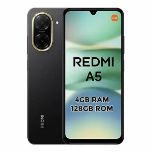 Smartphone Xiaomi Redmi A5 en color negro destacando su gran pantalla de 6.88 pulgadas y lente de cámara de 32MP.