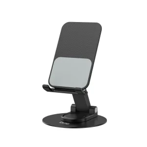 Soporte metálico IDUSD de color gris espacial sosteniendo una tablet en posición vertical con base giratoria.