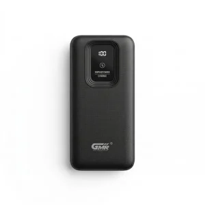 Batería externa GMR de 14.000 mAh compacta en color negro, mostrando puertos USB-C, Lightning y USB de carga rápida.