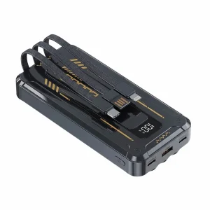 Batería externa Power Bank de 20.000 mAh en color negro con cables integrados y pantalla LED que muestra el porcentaje de carga.