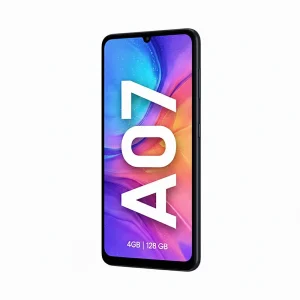 Smartphone Samsung Galaxy A07 de frente y reverso, mostrando su pantalla táctil y el módulo de cámaras traseras.