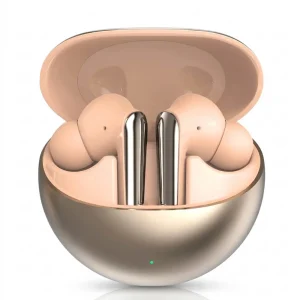 Auriculares inalámbricos BAVIN BH13 color rosa metalizado con estuche de carga circular, especificaciones técnicas de batería y Bluetooth 5.3, de Mercachip.