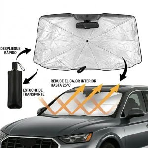 Parasol para parabrisas de coche de 138x66 cm de color plata reflectante con bordes negros, plegado en acordeón con goma elástica de almacenamiento, de Mercachip.