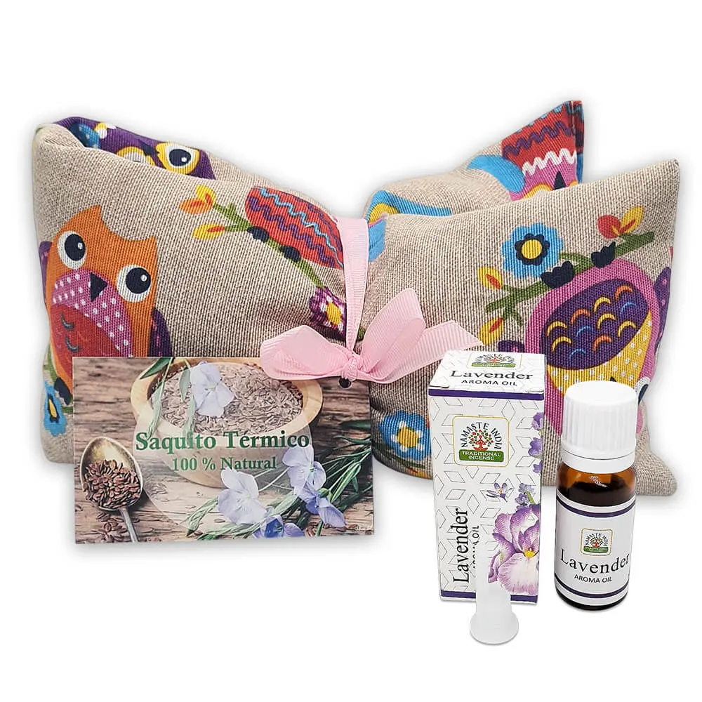 Pack de bienestar natural con aceite esencial de lavanda junto a un saquito térmico terapéutico de semillas de 45x10 cm con lazo de regalo, de la tienda Mercachip.