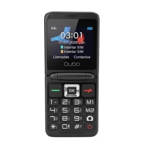Teléfono móvil Qubo X10 Flip para personas mayores de color negro, mostrando su teclado de teclas grandes, la pantalla exterior de notificaciones y su diseño plegable, en la tienda Mercachip.