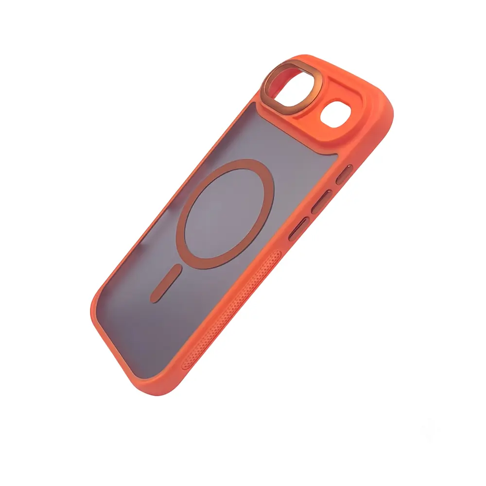 Carcasa funda de iPhone 17 Air, Pro o Pro Max dura y reforzada en color naranja coral con anillo magnético MagSafe y protector de cámara de la tienda de tecnología Mercachip.