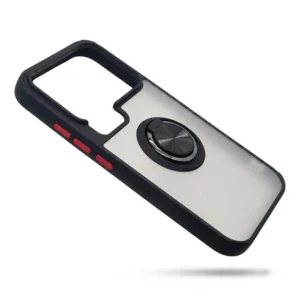Funda carcasa dura protectora de color negro con botones en contraste rojo, trasera translúcida y anilla soporte metálica giratoria compatible con Xiaomi 17 Pro Max de la tienda Mercachip.