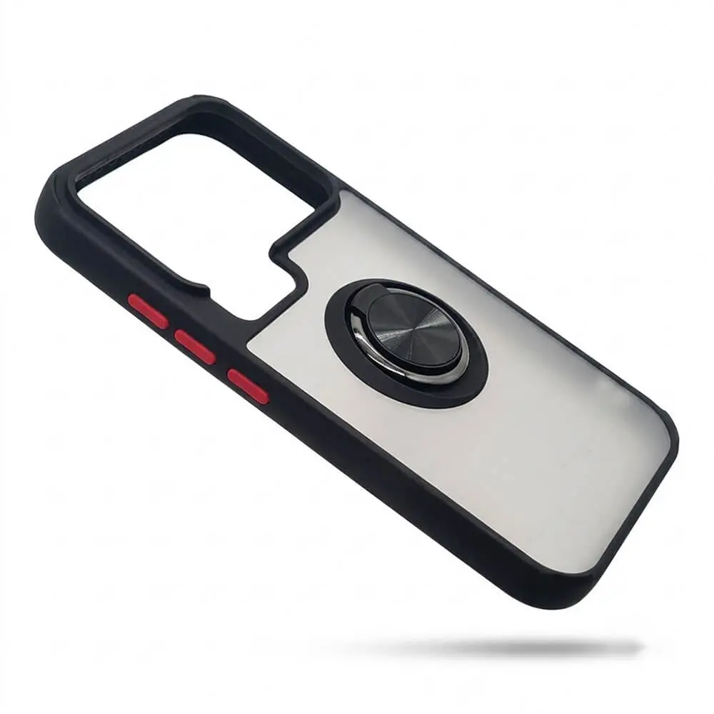 Funda carcasa dura protectora de color negro con botones en contraste rojo, trasera translúcida y anilla soporte metálica giratoria compatible con Xiaomi 17 Pro Max de la tienda Mercachip.