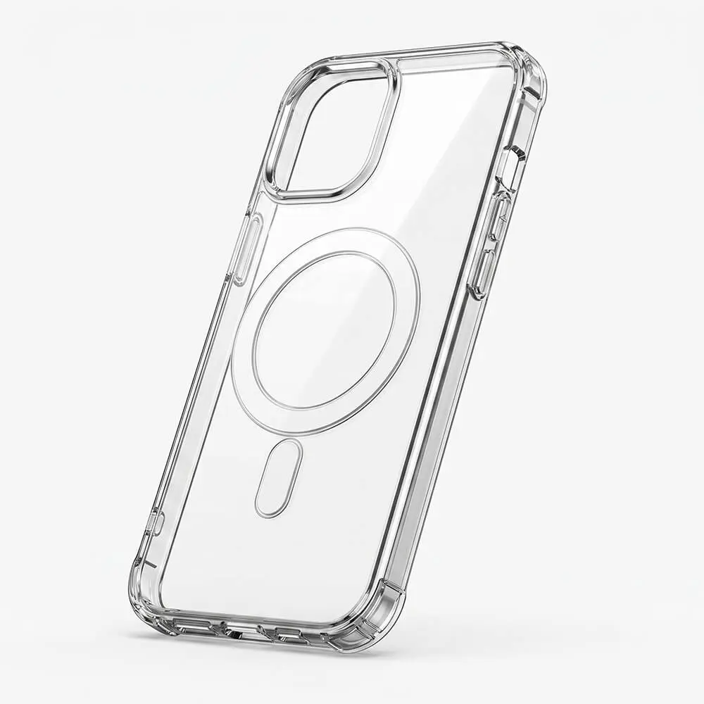 Carcasa transparente de alta claridad con anillo magnético blanco integrado compatible con MagSafe para iPhone de la tienda Mercachip.