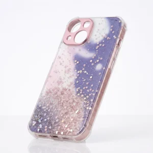 Funda de silicona transparente compatible con iPhone 13 con degradado en purpurina lila rosa y marco protector de cámara en oro rosa de Mercachip.
