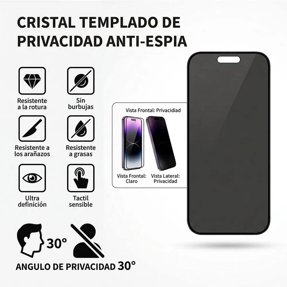 Cristal Templado de Privacidad Anti-Espía Compatible con iPhone 15 / 16 / 17 - Imagen 3