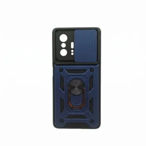 Funda protectora tipo armadura en color azul marino con tapa deslizante para cámara y anillo soporte metálico compatible con Xiaomi 11T y 11T Pro de la tienda Mercachip.